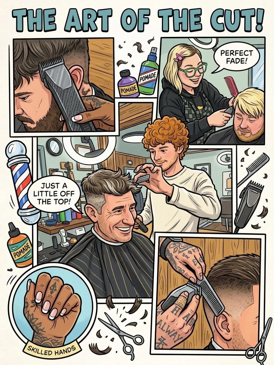 Illustrated The Art of the Cut comic: clippers on a fade, a barber finishing a client, and tattooed hands working scissors and comb.