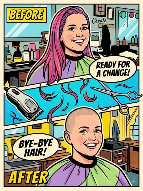 Illustrated before-and-after comic: a client ready for a change, then the finished cut.