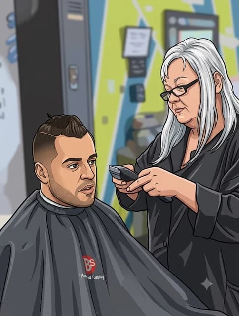 Illustrated scene of a client being cut in the chair at Barber Shack.