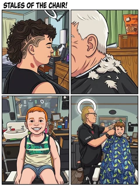 Illustrated Tales of the Chair comic: a curly cut being blow-dried, a beard trim, a kid waiting his turn, and a barber working the chair.