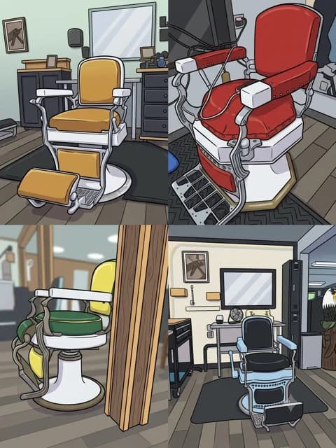 Illustrated barber chairs and stations lined up along the shop floor.