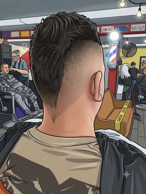 Illustrated back view of a finished fade in the shop.
