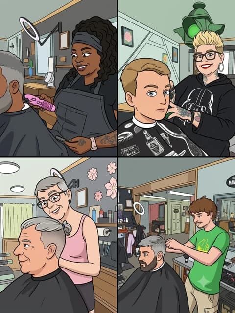 Illustrated panels of the shop at work — cuts, colour, and conversation across four chairs.