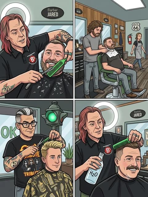 Illustrated panels of a busy day at Barber Shack, from the first cut to the finish.