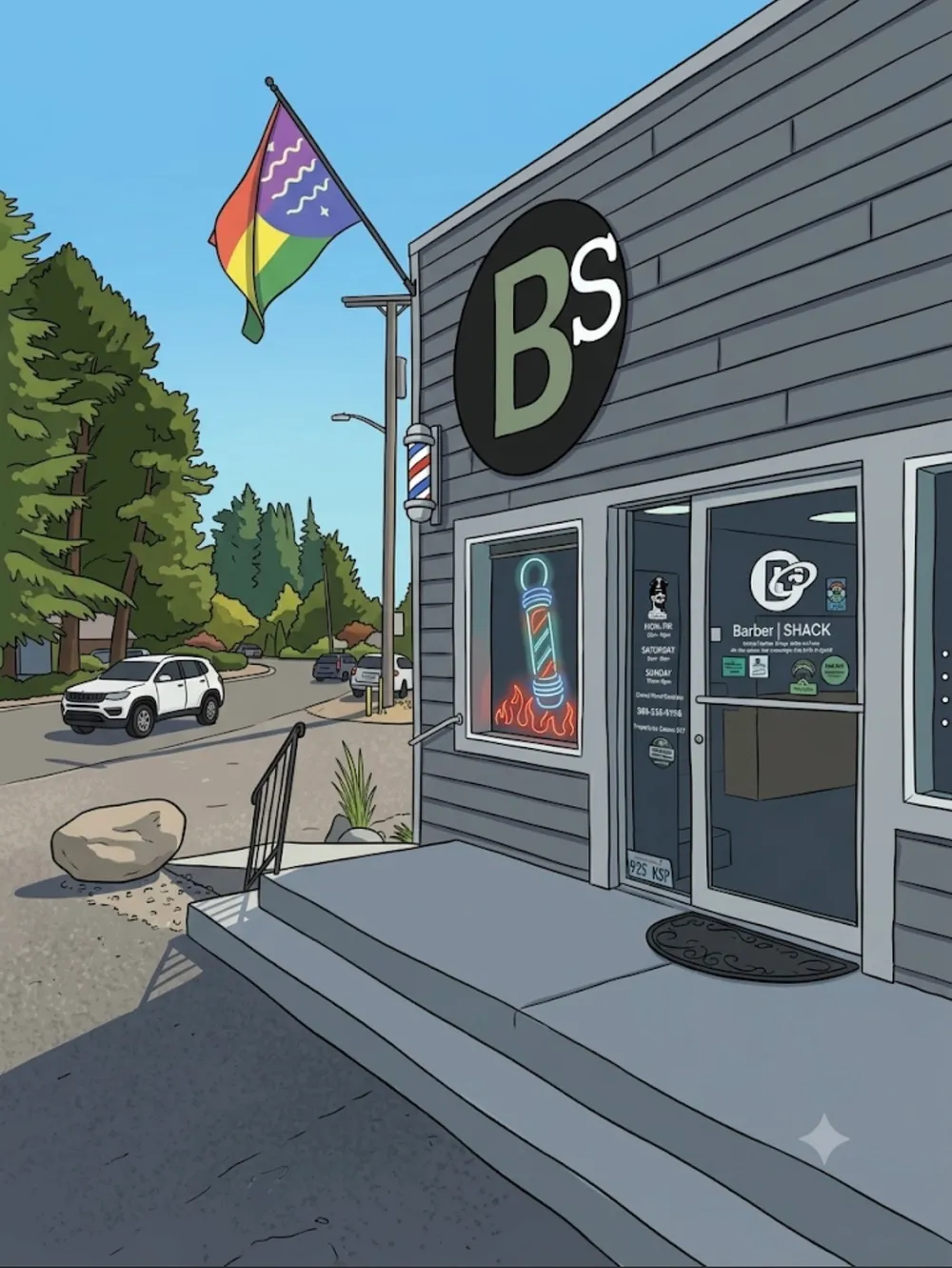 Illustrated Barber Shack storefront with the pride flag and BS sign.