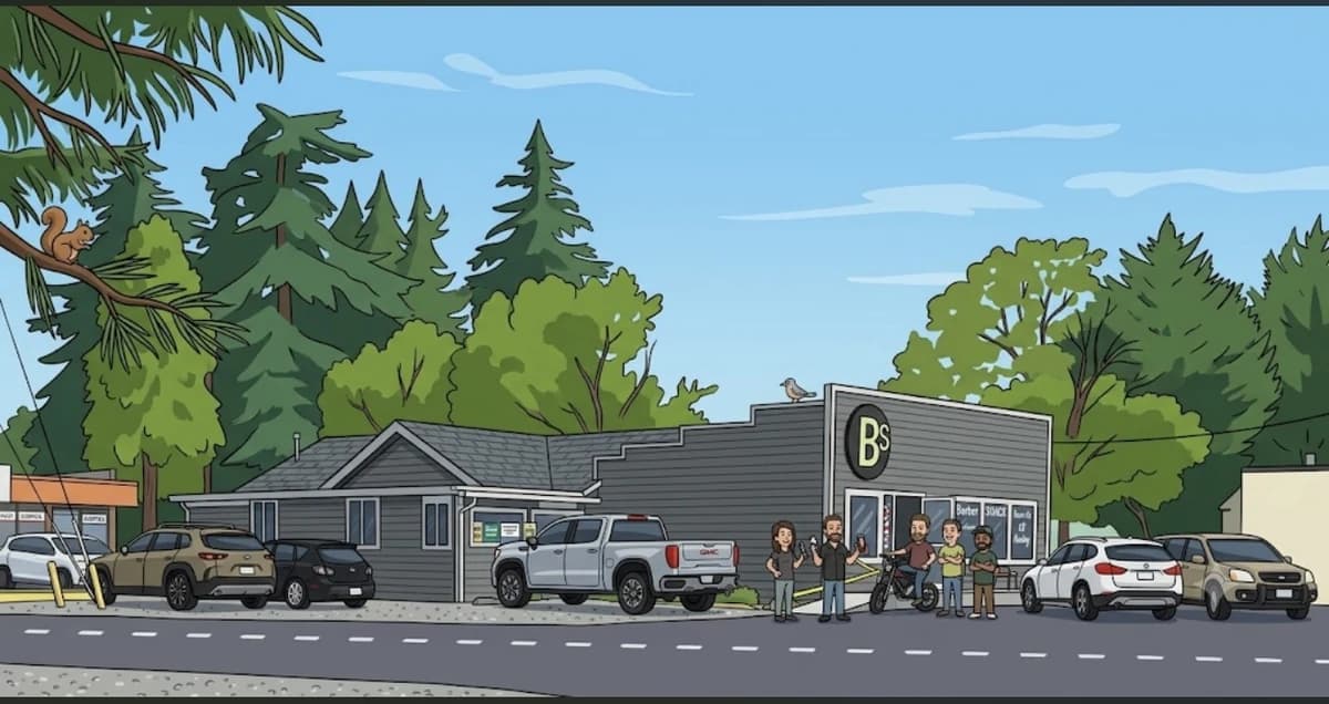 Illustrated view of Barber Shack from the street, open for business.